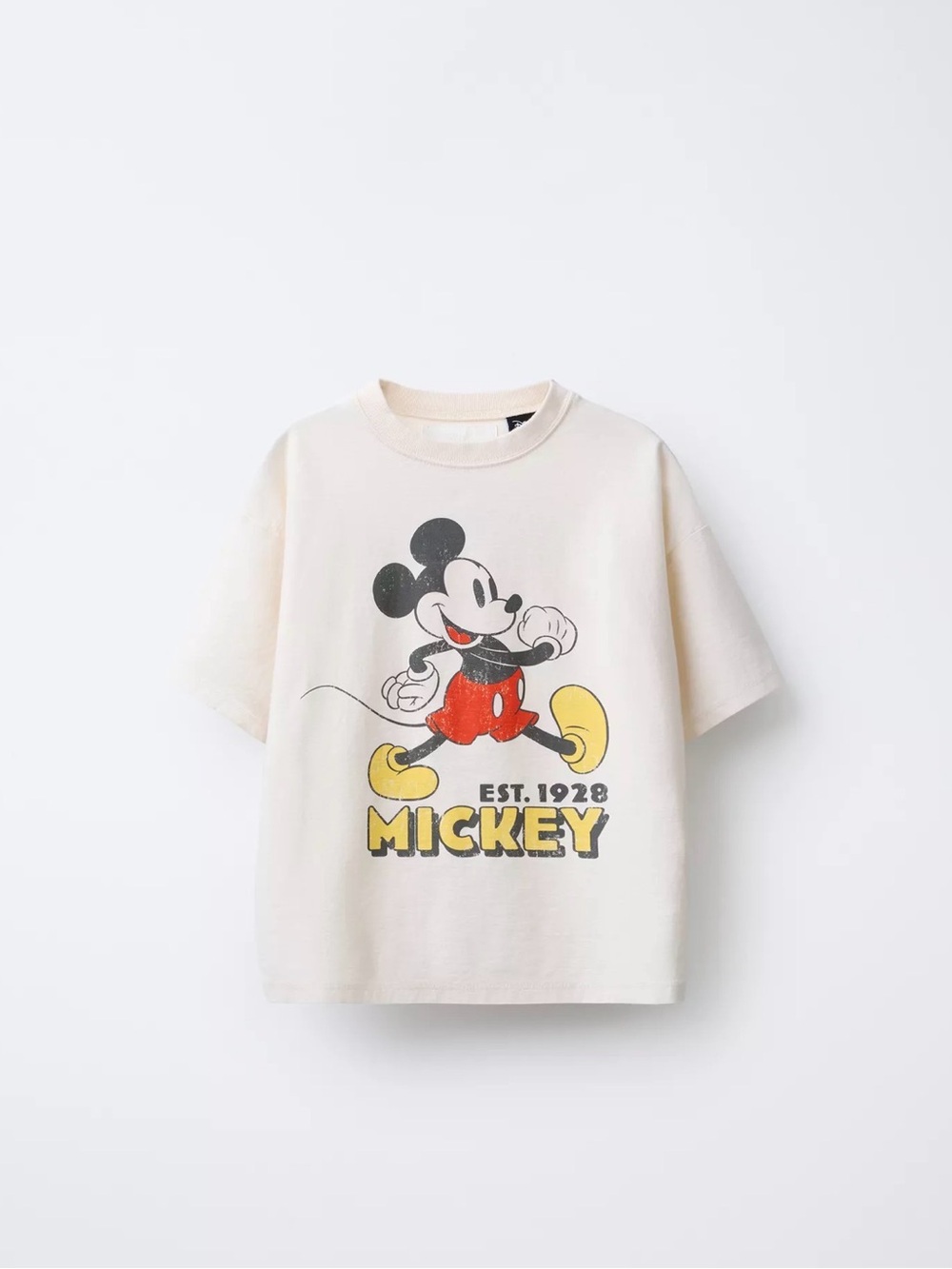 Zara Cream Mickey Mouse Graphic Tee with Red and Yellow Accents